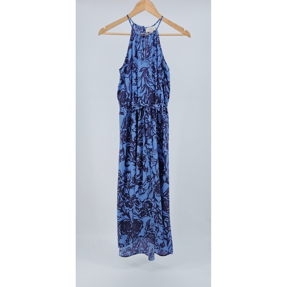 Ann Taylor LOFT Petites Blue Floral Halter Maxi Dress XXSP Sleeveless High Neck